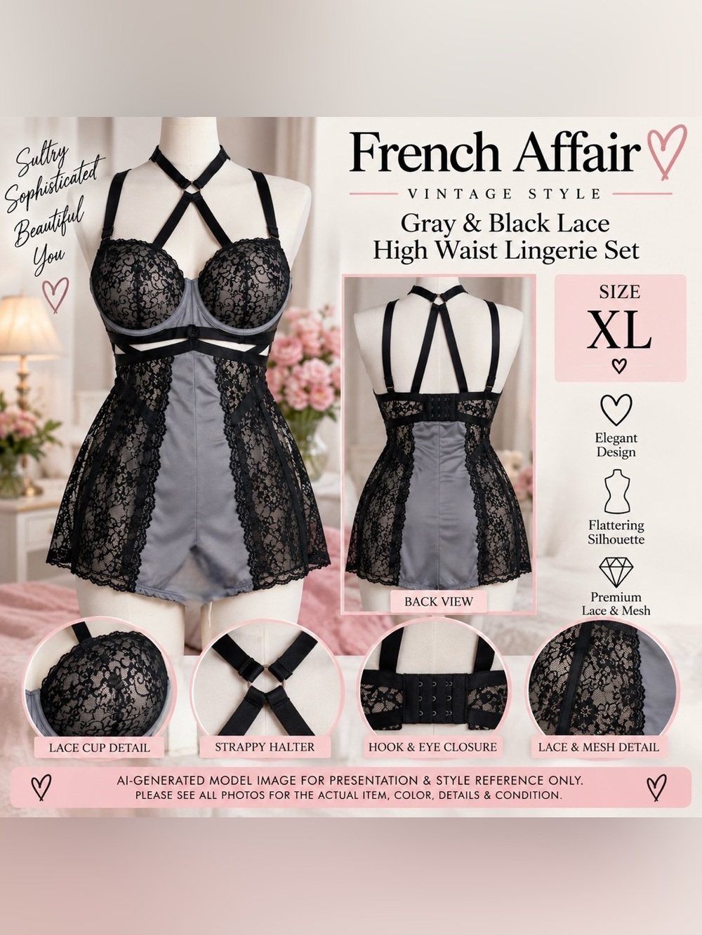 French Affair Gray Black Lace Chemise Lingerie XL